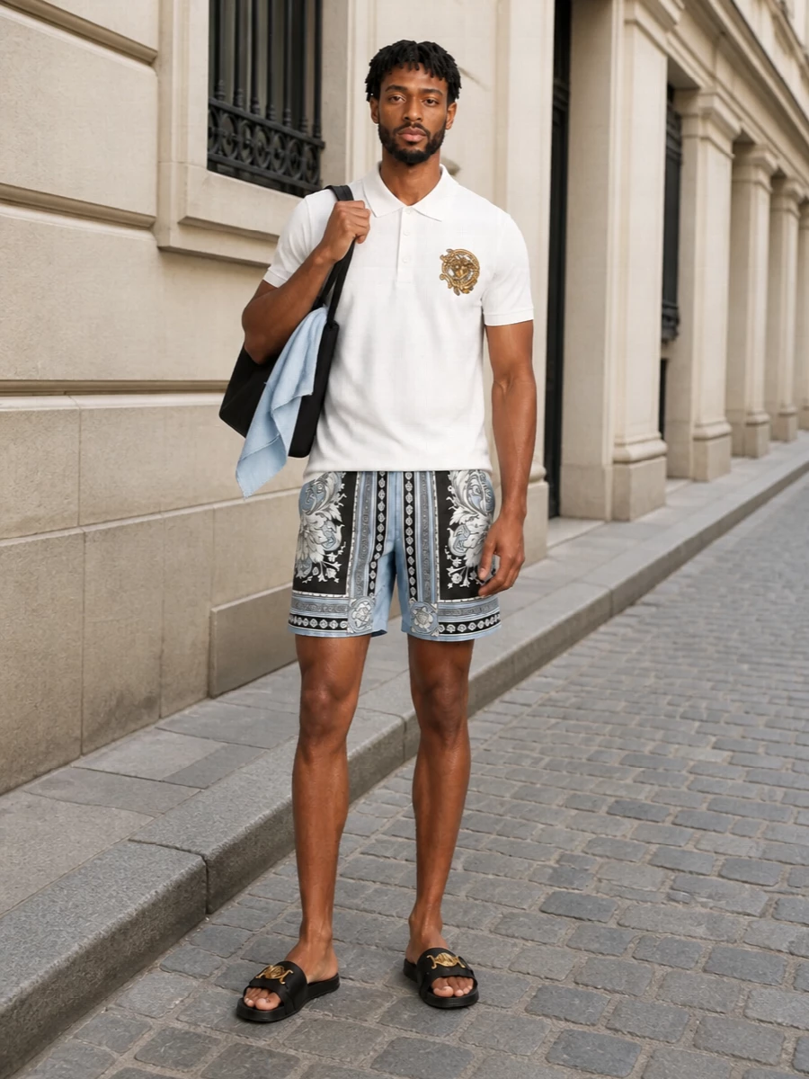 Versace baroque swim shorts white polo slides