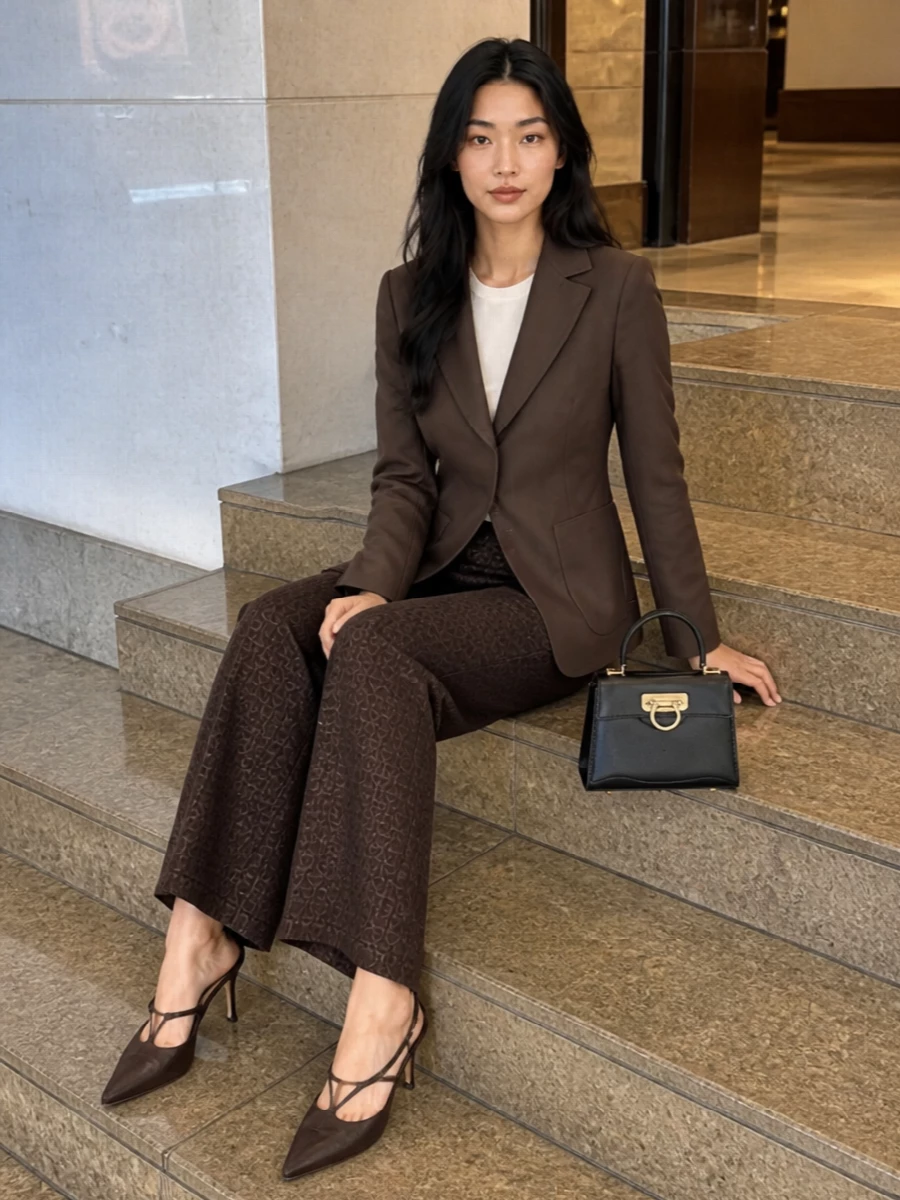 Gucci’s jacquard wide-leg trouser is paired with a tailored Fendi chocolate blazer for a long, uninterrupted column of rich brown suiting. Dark chocolate Aquazzura mules add a refined lift that keeps the proportion sleek rather than heavy, while a sculpted black Ferragamo mini top-handle sharpens the mood for gallery openings or dinner reservations. The result is polished and quietly opulent, with the texture doing the talking instead of overt logos or color clashes.