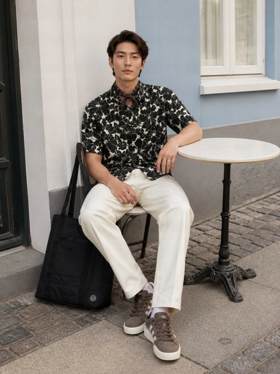 A bold monochrome floral shirt sits over clean butter-cream chinos, keeping the energy graphic but easy for warm-city days. Neutral taupe sneakers and a black technical tote ground everything, while a black-and-white bandana quietly echoes the print. The result is relaxed streetwear with a soft boho twist, built around contrast rather than color noise.
