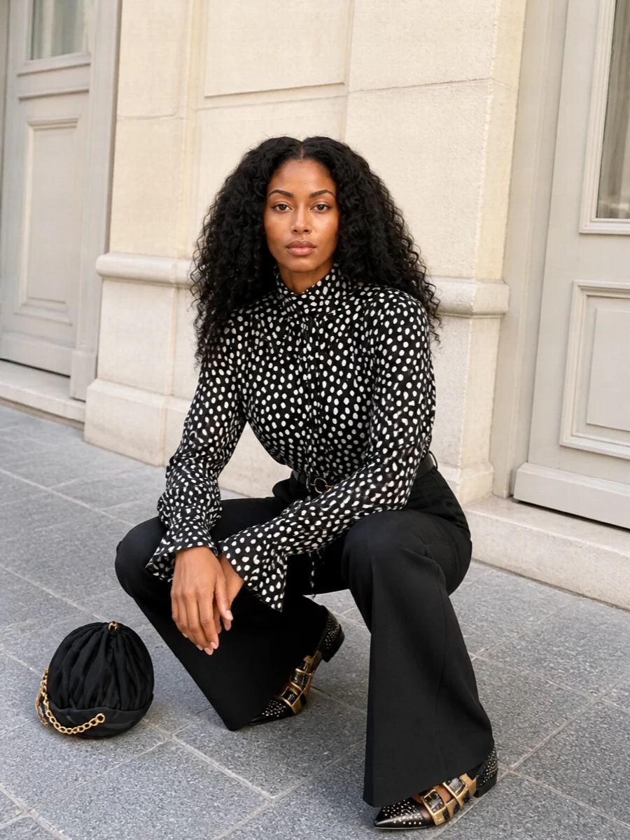 Chloe polka dot blouse black flared trousers