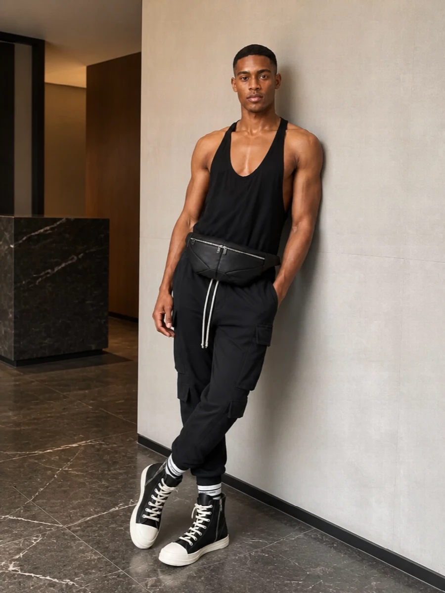 This is a stripped-back Rick Owens uniform, all about a long, fluid black tank running into cuffed cargo joggers and stacked high-top sneakers. The silhouette stays lean through the torso with weight at the knees and ankles, so all that pocket structure and hardware reads deliberate rather than bulky. A padded belt bag and clean athletic socks keep the palette tight and the utility story consistent, ready for city days that run late.