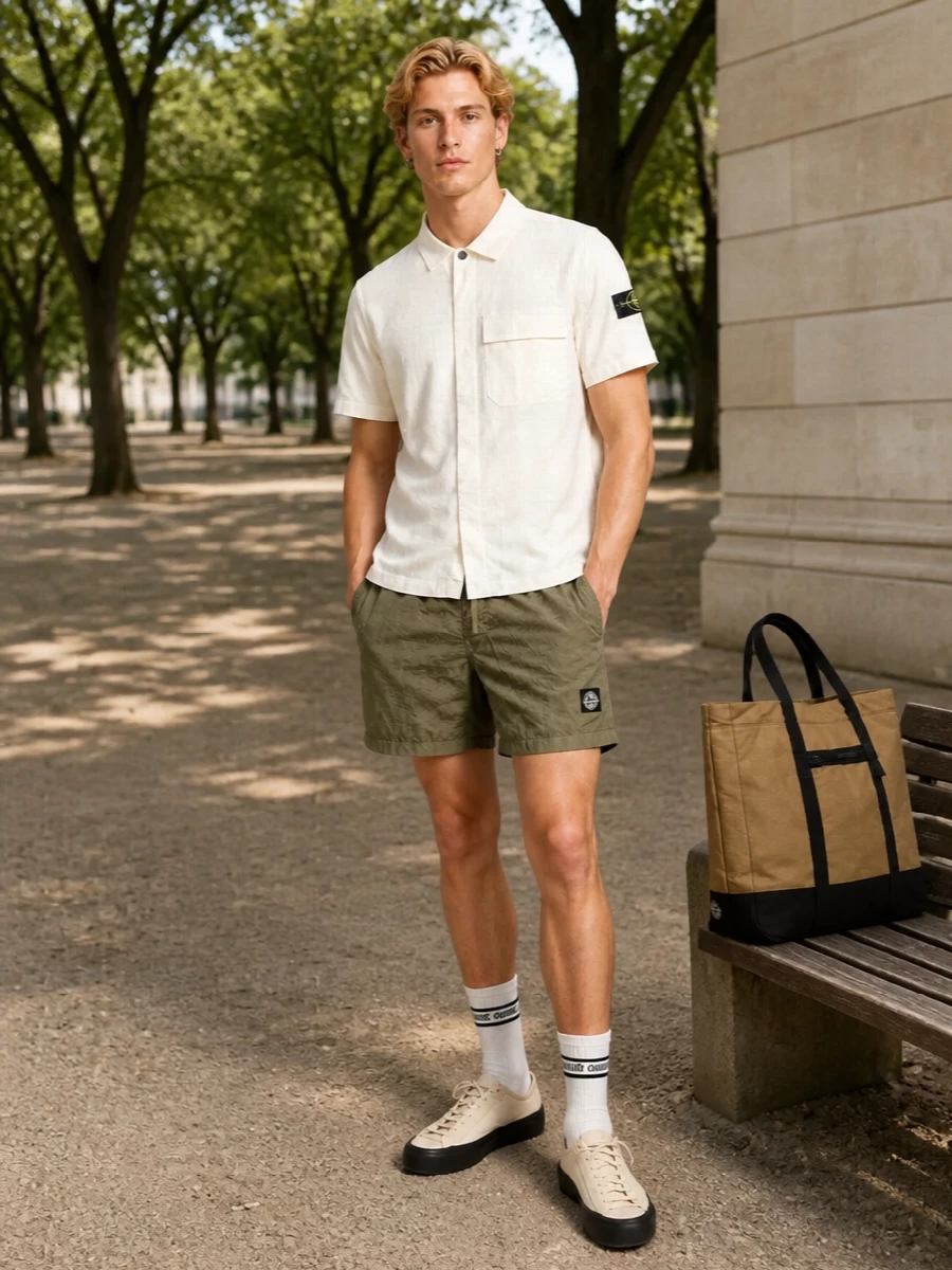 Stone island olive swim shorts off white shirt