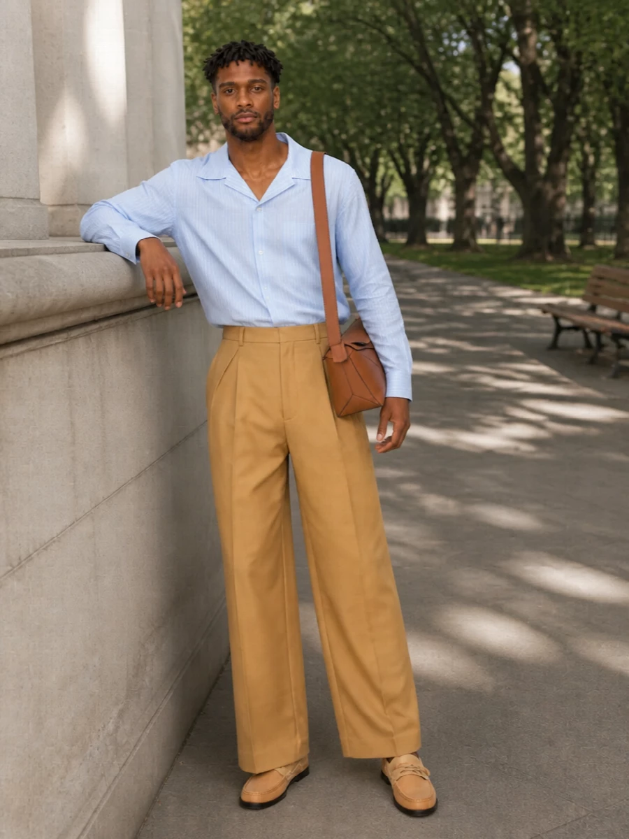 Loewe striped shirt camel wide leg trousers
