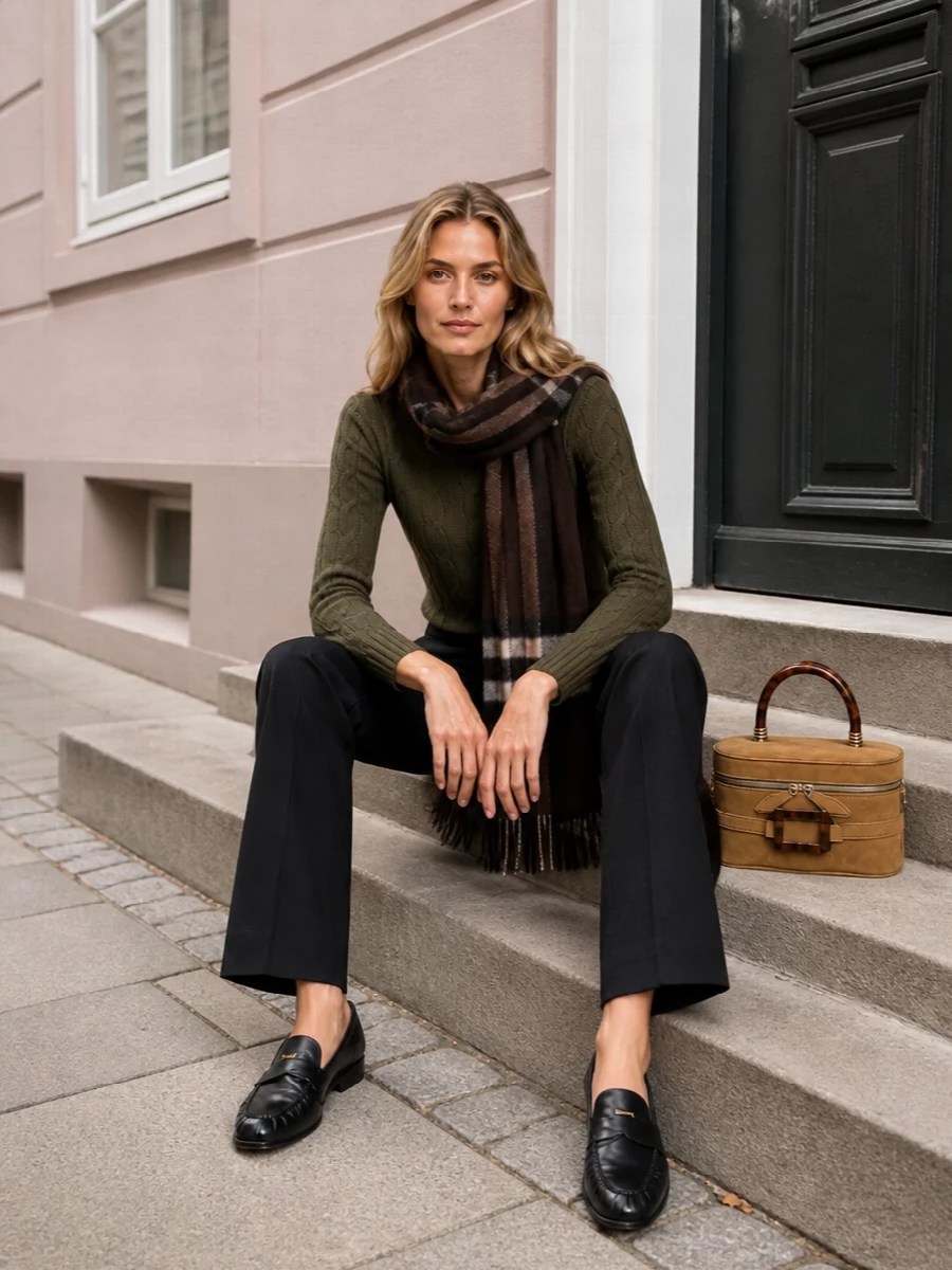 Ralph lauren olive sweater black trousers outfit