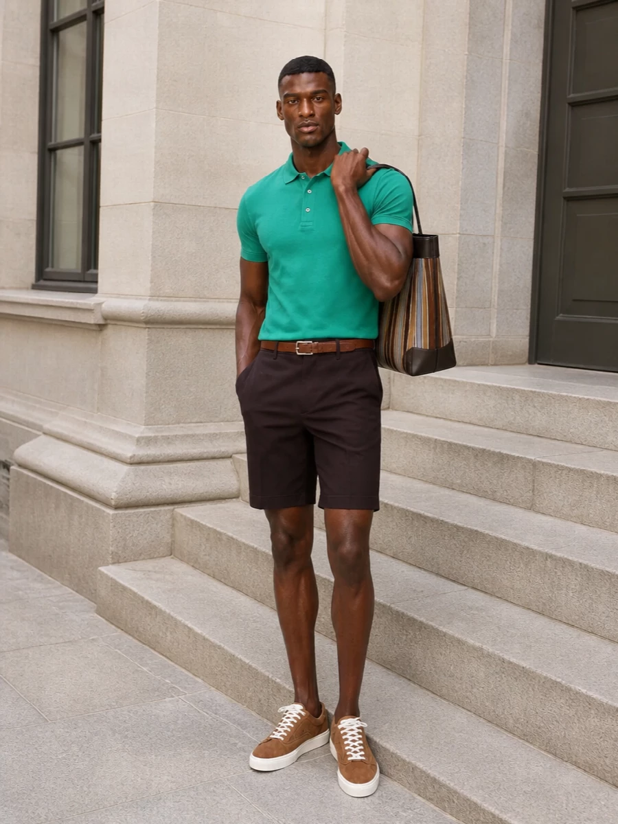 Tom ford emerald polo brown tailored shorts outfit