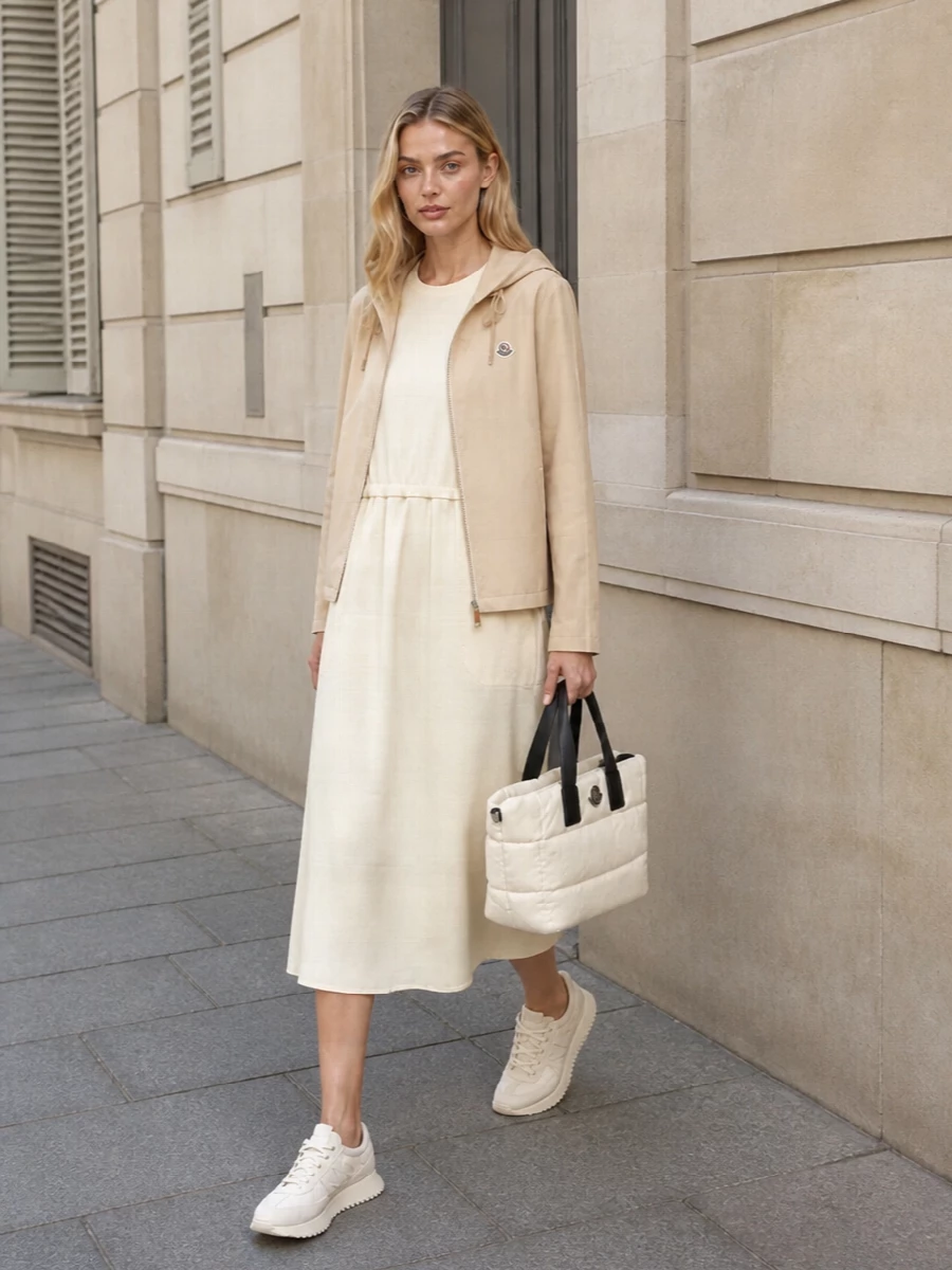 Moncler beige hooded jacket midi dress outfit