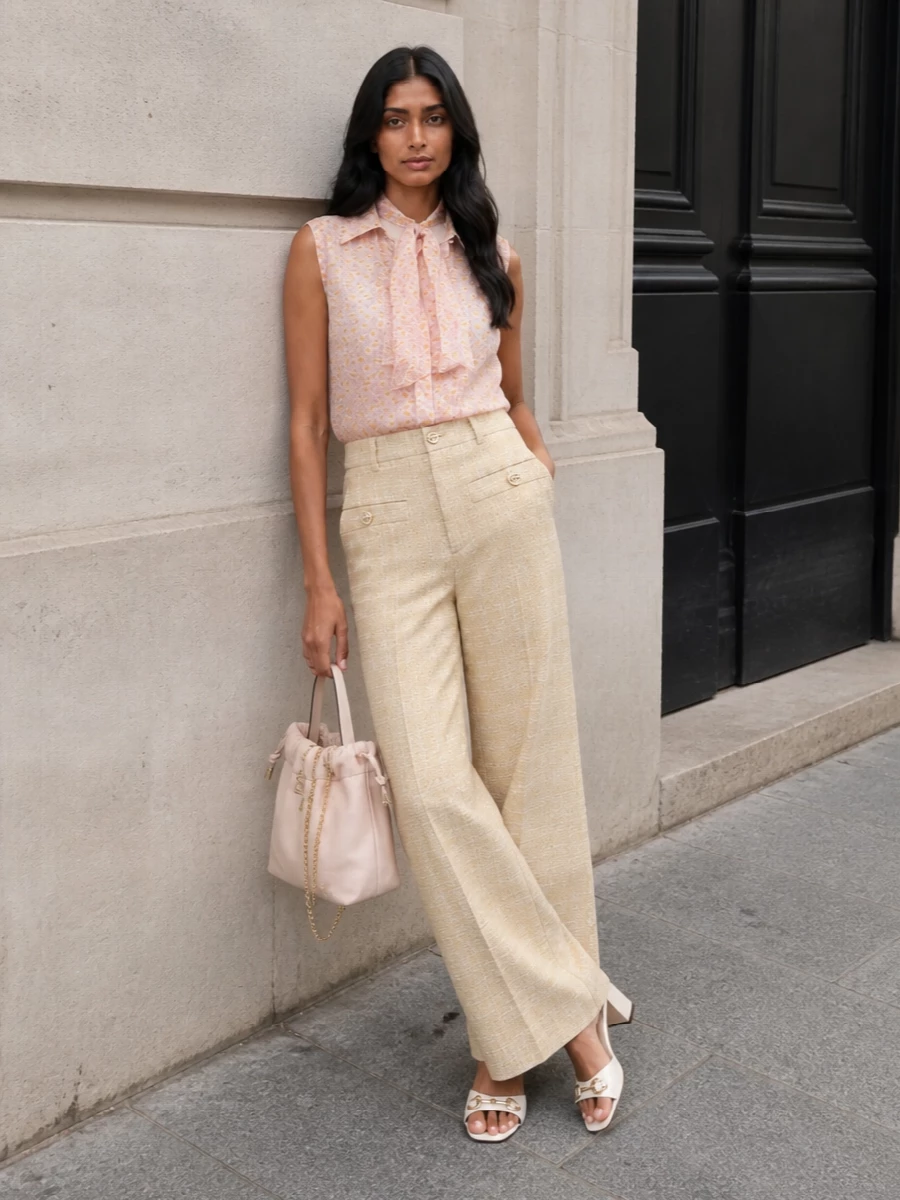 Sheer floral blouse wide leg trousers outfit