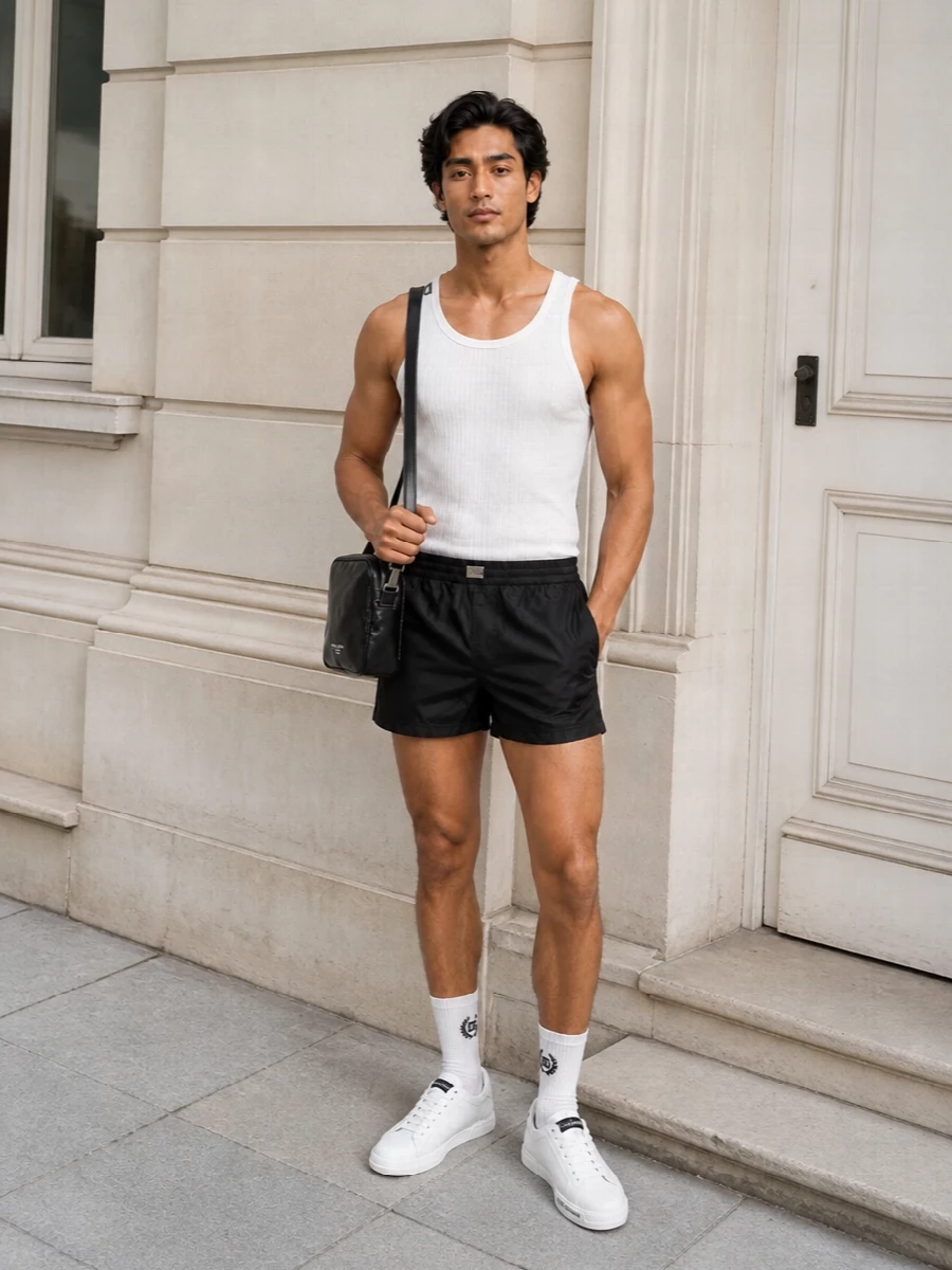 Crisp white on top and deep black below keeps this quietly graphic, like a modern resort uniform that still feels at home in the city. The clean sneaker and compact crossbody keep everything streamlined, while the soft logo touches signal designer without turning it into a billboard.