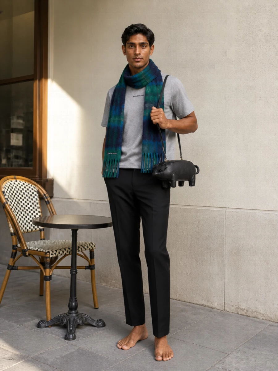 Balenciaga’s pared-back grey tee sets a quiet base, letting the Thom Browne pig bag carry the attitude. The moody Acne Studios scarf layers in color and texture, so the whole outfit reads intentional, playful, and still firmly in the luxury streetwear space.