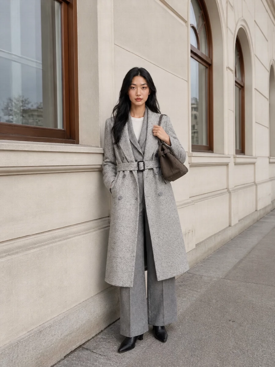 Tagliatore grey coat tailored wide leg trousers