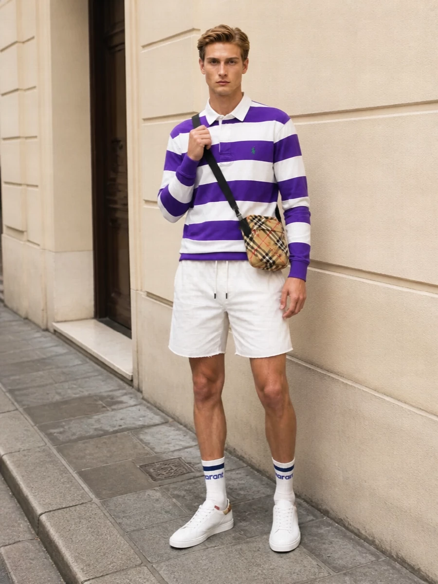 A bold striped rugby is grounded with sharp white swim shorts for a clean, collegiate summer attitude. White leather sneakers and subtly striped socks keep the story sporty yet polished. A compact checked crossbody finishes it with just enough heritage to feel considered without losing ease.