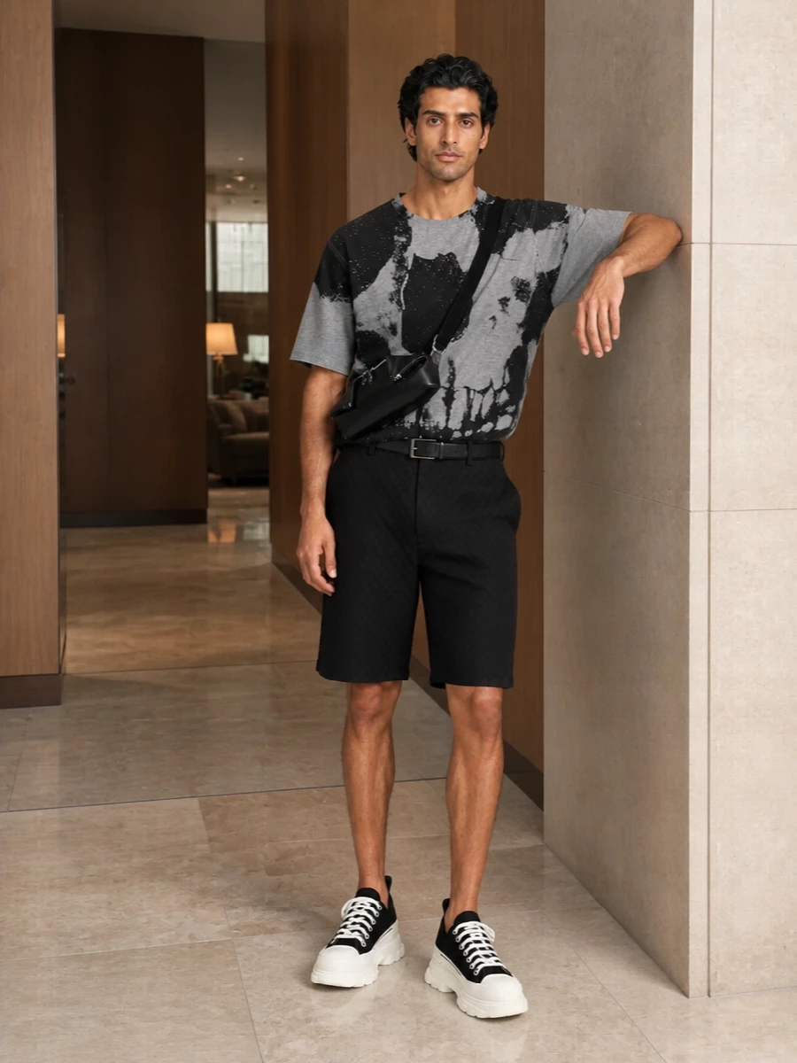 Alexander mcqueen skull tee black shorts outfit