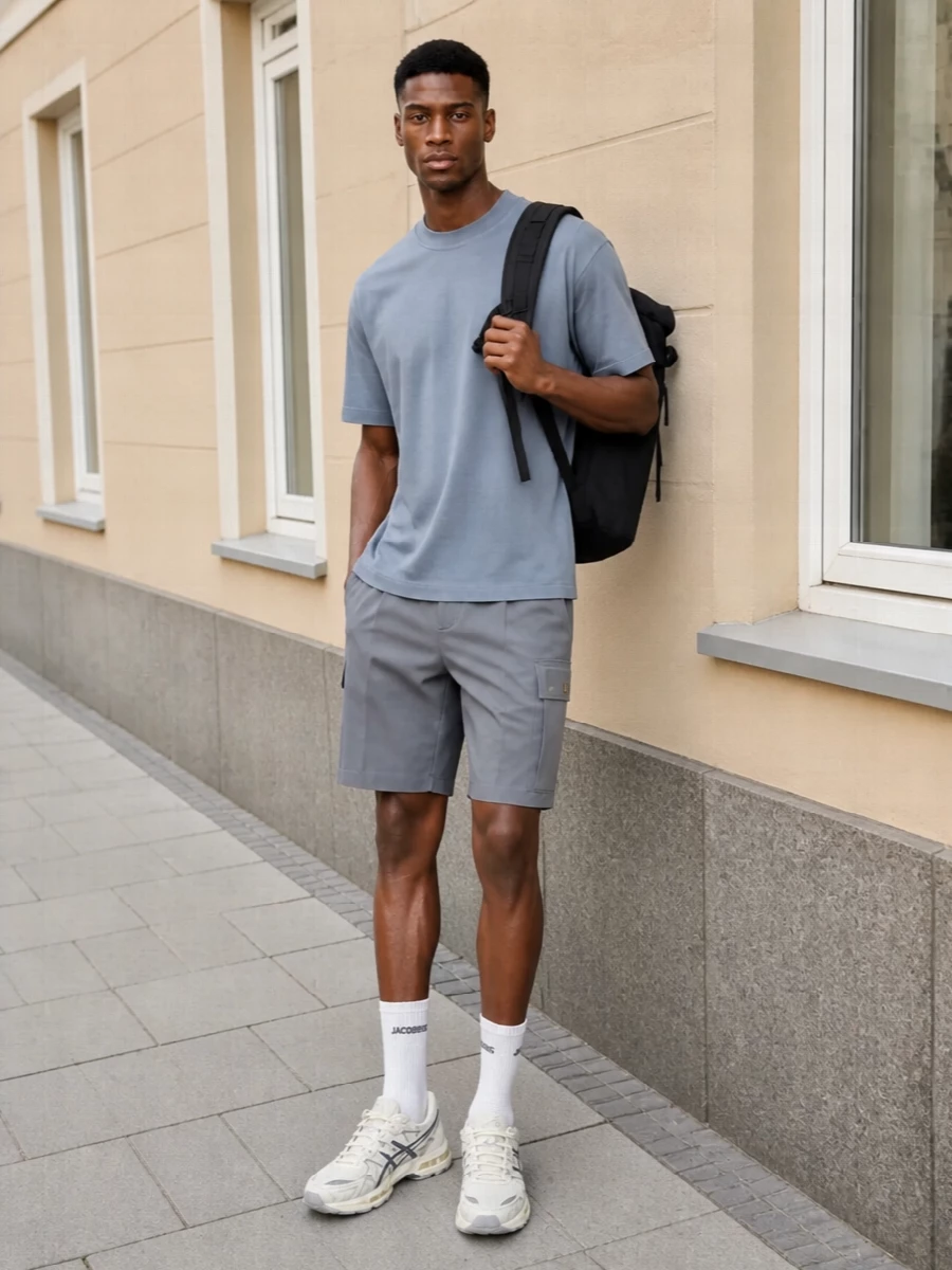 Cp company blue tee grey cargo shorts outfit