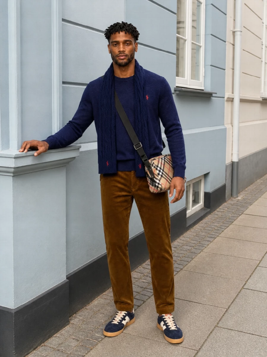 Navy knit and caramel corduroy create a collegiate, quietly polished combination that feels right for cooler months. Suede sneakers keep the mood relaxed, while the compact check crossbody adds a subtle heritage accent without tipping into formality. The matching navy scarf neatly finishes the color story for an understated, coordinated finish.
