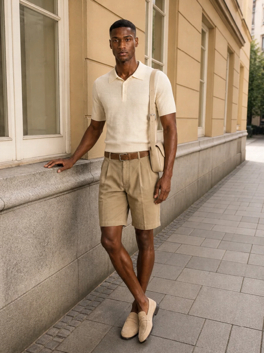 Auralee chino shorts knit polo suede loafers