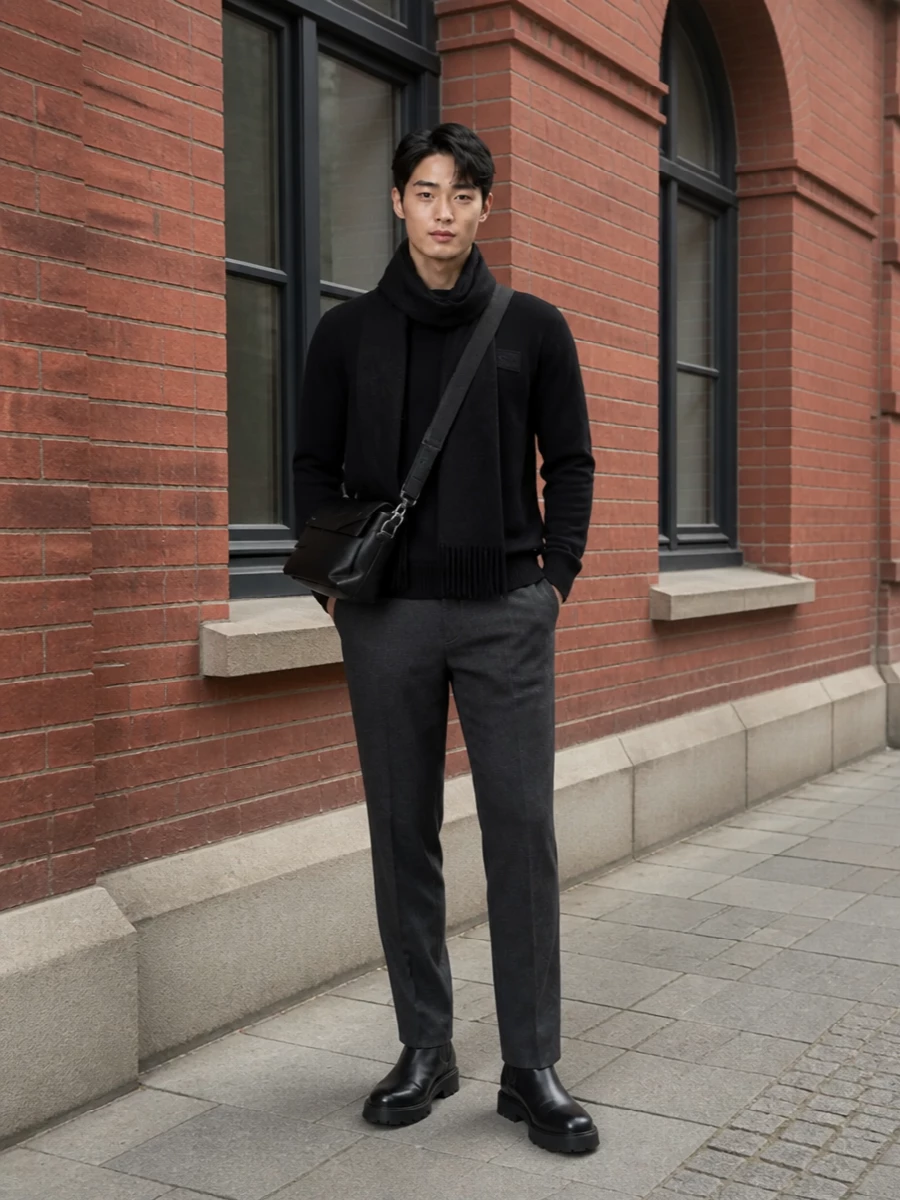 Givenchy black sweater charcoal trousers chelsea boots