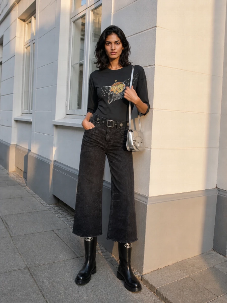Diesel graphic bodysuit wide leg jeans outfit