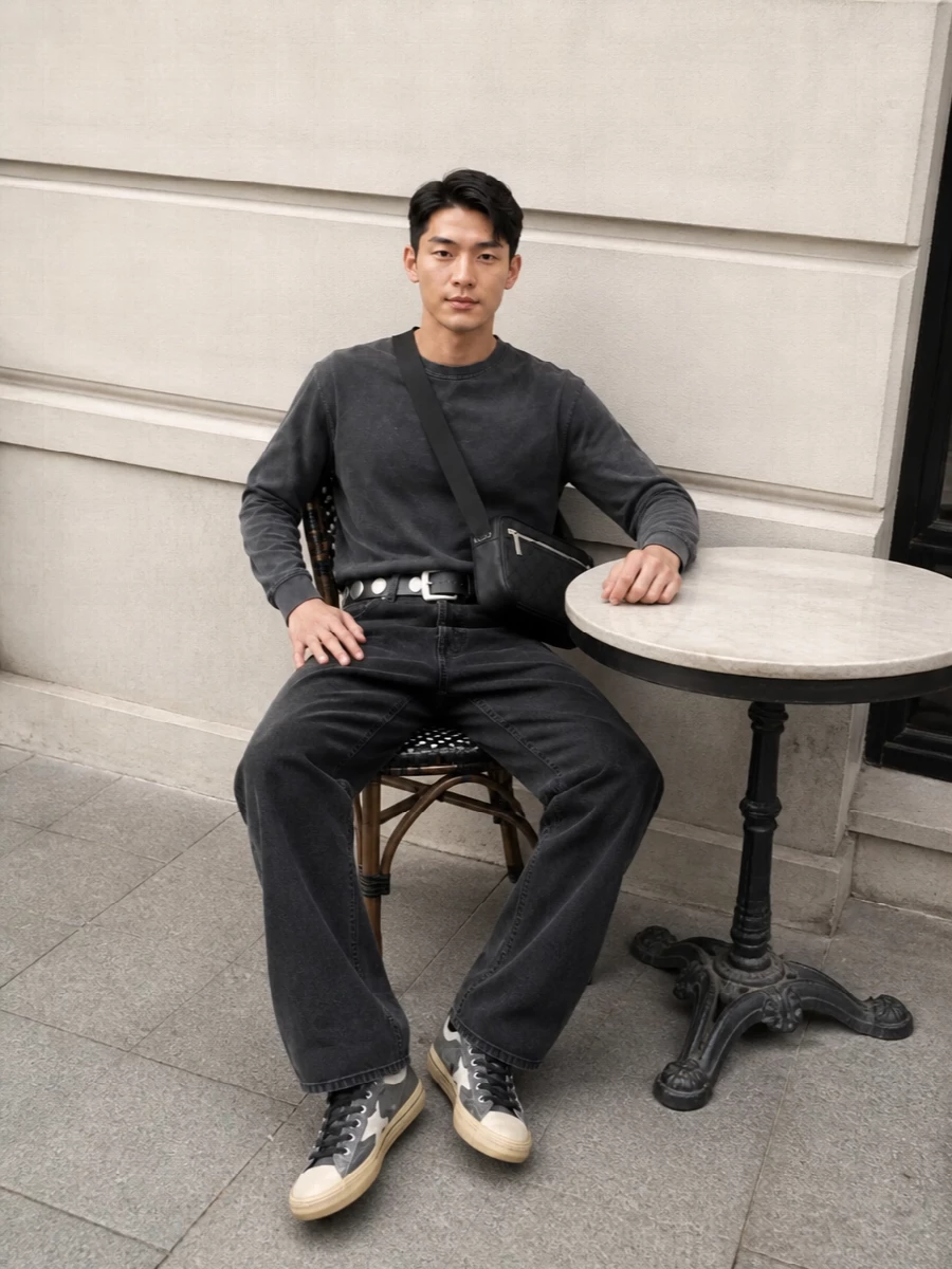 Golden goose charcoal tee black jeans sneakers