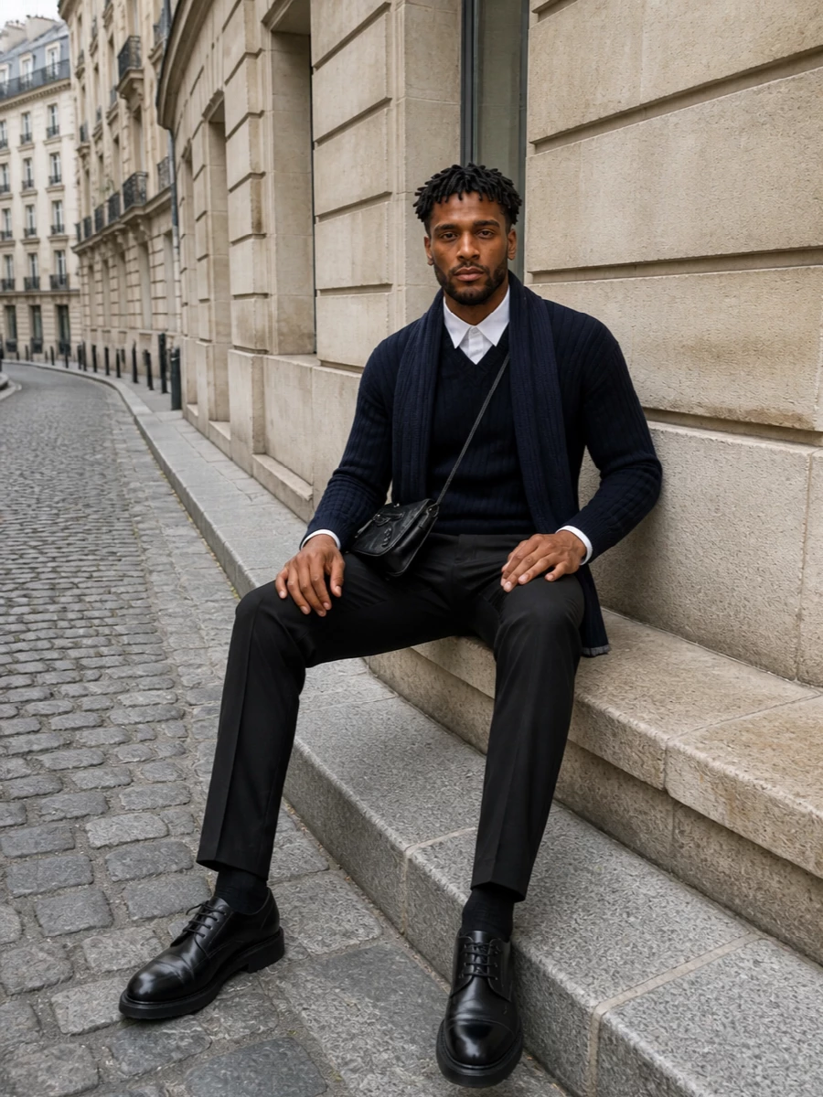 Balenciaga’s layered V-neck sits over crisp, straight black tailoring for a campus-inspired uniform that still reads city sharp. The chunky black derby and slim crossbody keep the lines clean and modern while quietly signaling designer pedigree. A navy ribbed scarf softens the edge just enough for cold-day commutes and low-key dinners alike.