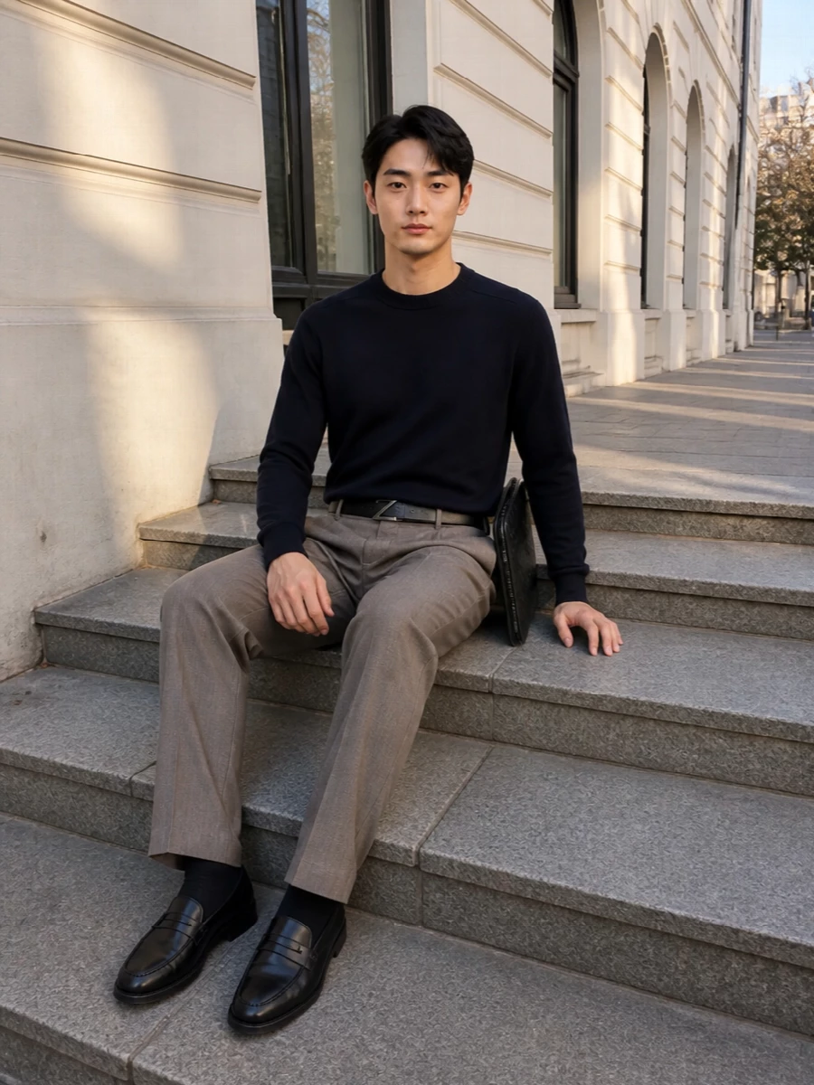 Studio nicholson wide trousers navy sweater outfit
