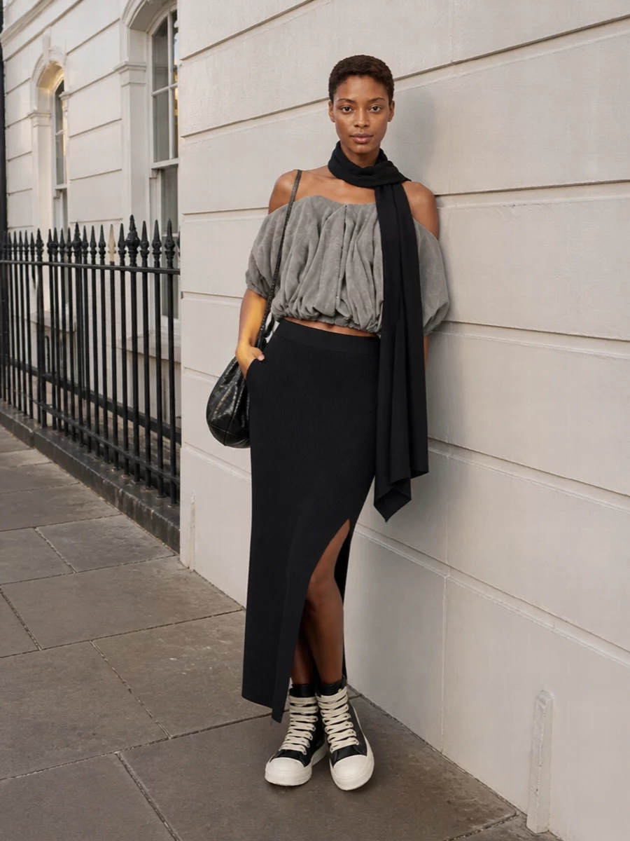 Rick owens cocoon top black maxi skirt outfit