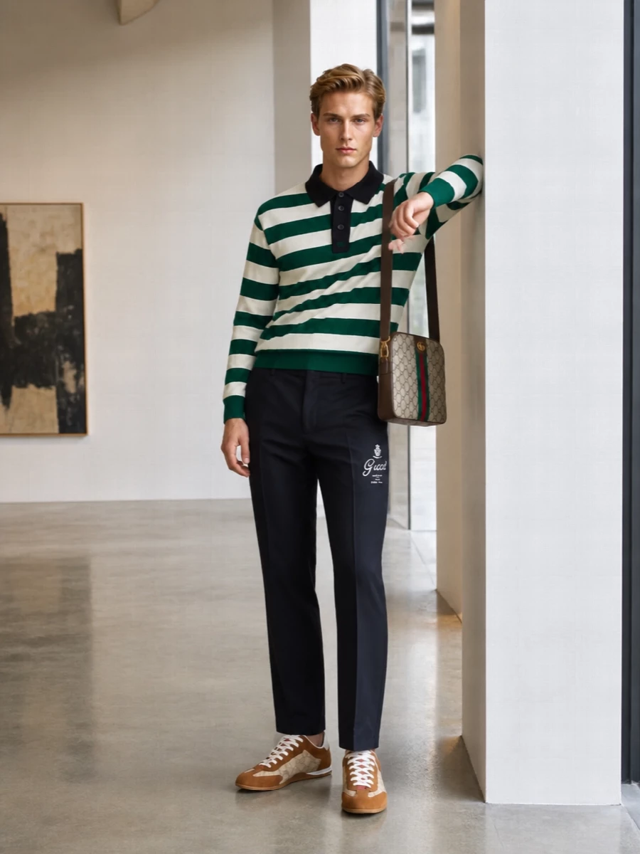 Gucci green rugby knit navy trousers sneakers