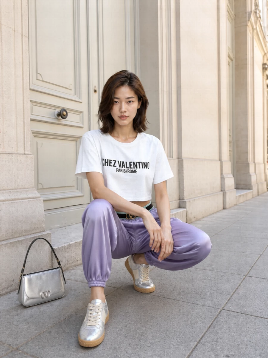 Valentino satin joggers cropped tee silver bag