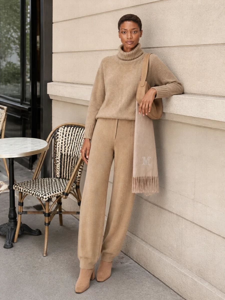 Fabiana filippi camel knit trousers turtleneck outfit
