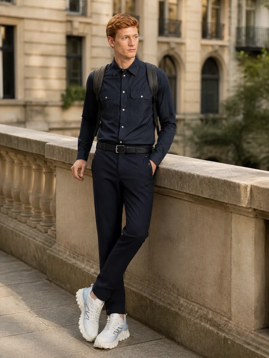 Moncler navy track pants utility shirt outfit