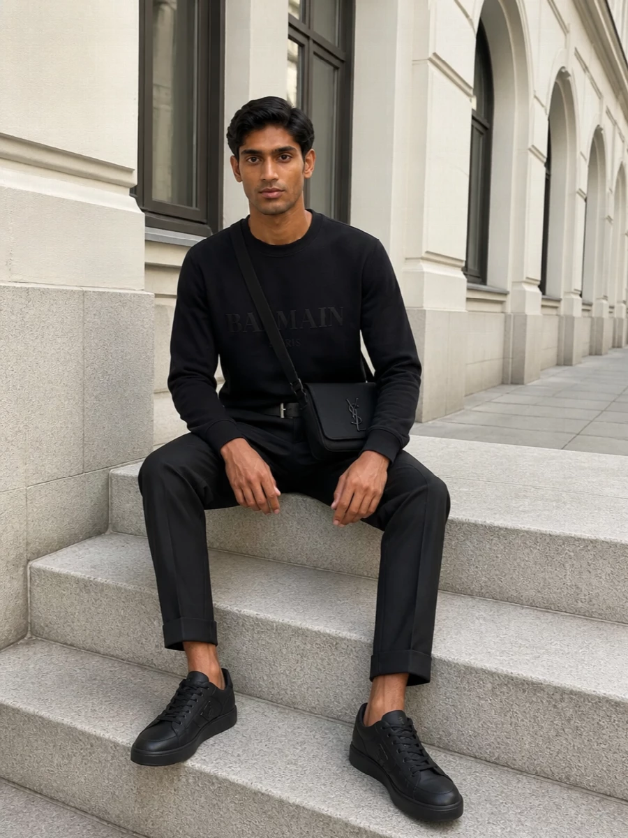 Balmain sweatshirt black tailored trousers outfit