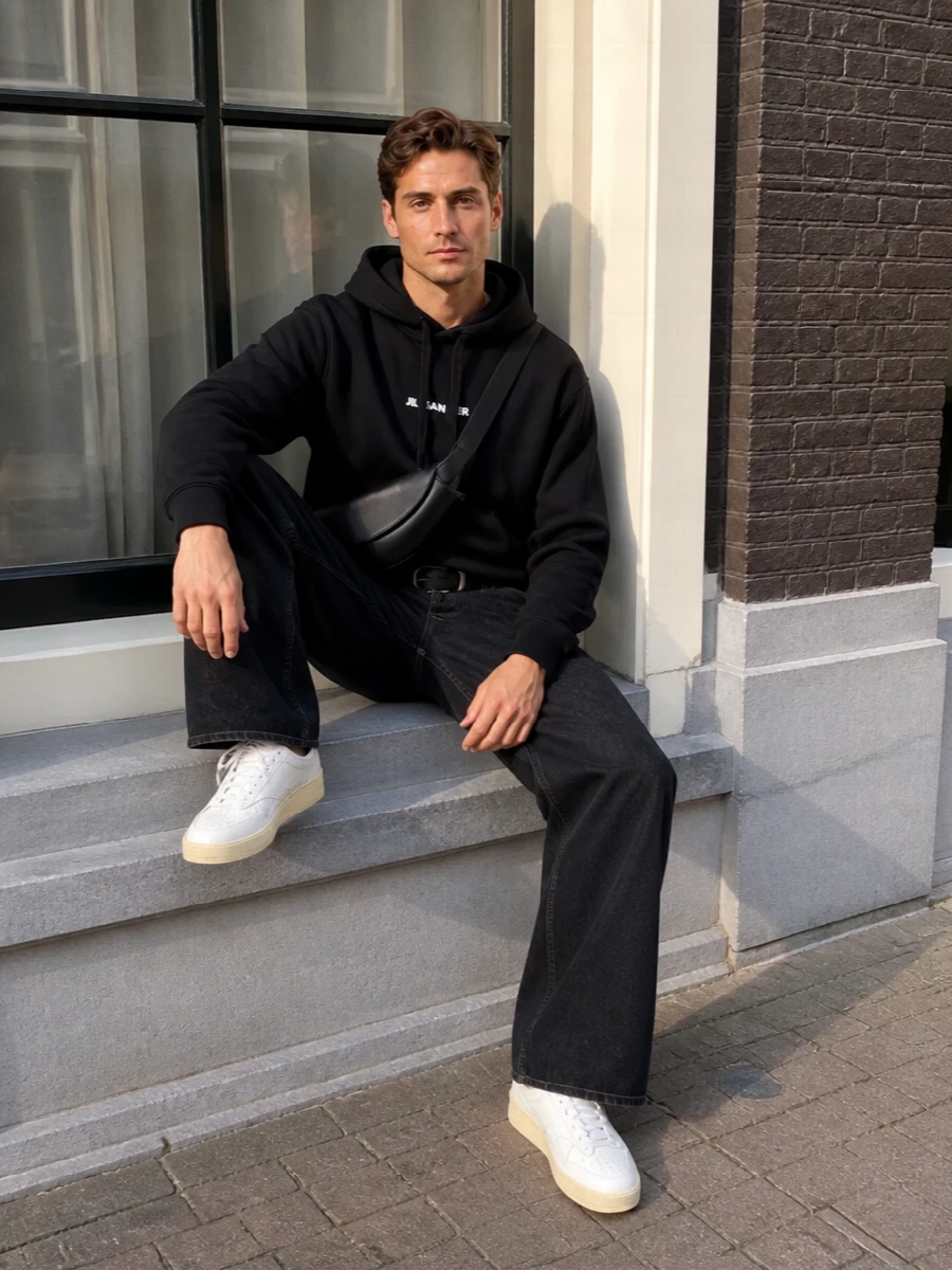 Jil sander hoodie wide leg jeans white sneakers