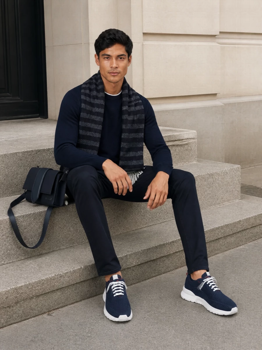 Michael kors navy sweater boss trousers outfit