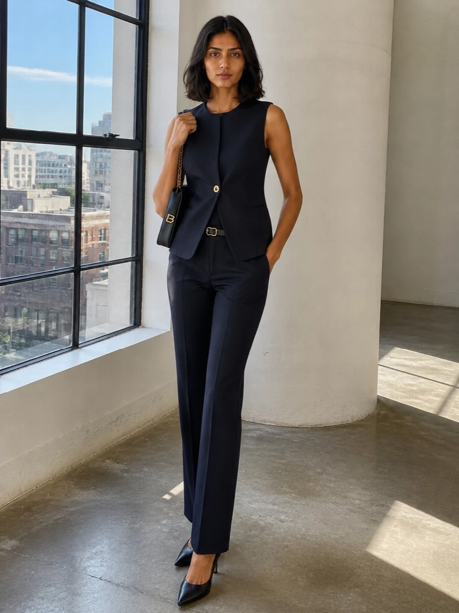 Balenciaga navy tailored suit black pumps