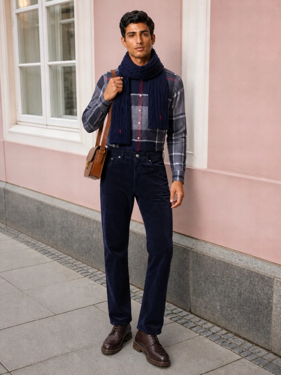 Barbour check shirt navy corduroy trousers
