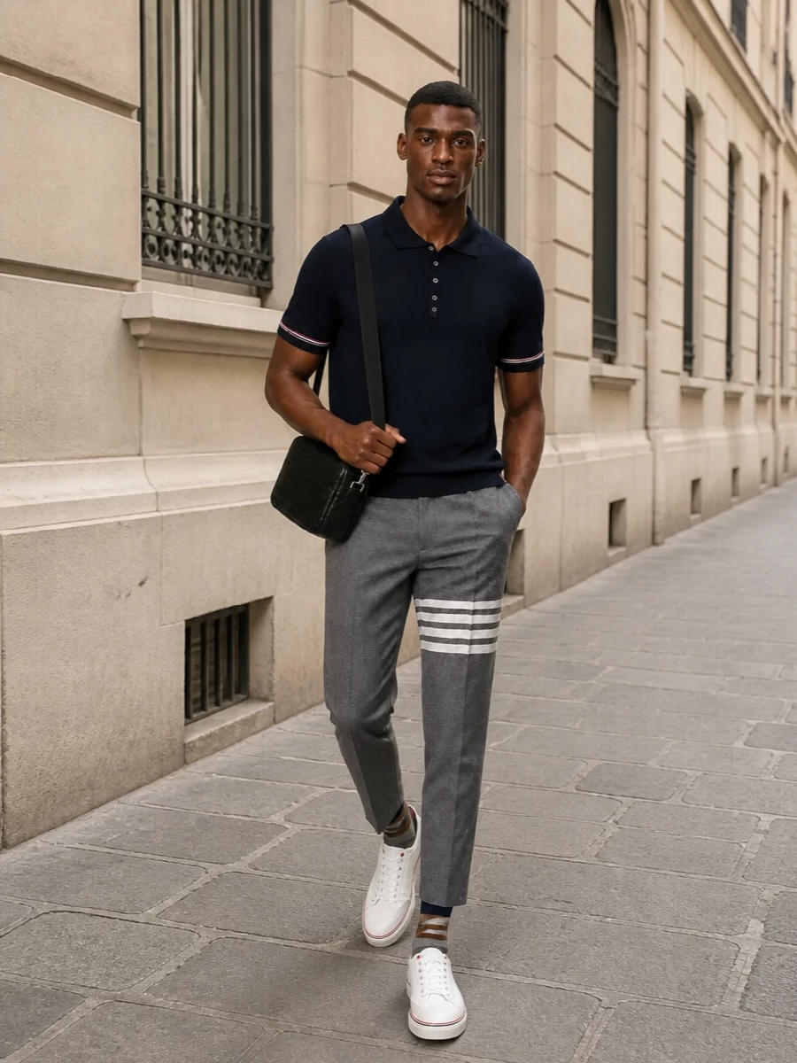 The navy tipped polo is grounded by mid-grey 4‑bar tailored trousers for a sharp, collegiate take on smart-casual that stays firmly in the Thom Browne universe. Crisp white tricolour-detailed sneakers keep the silhouette light and modern, while the black intrecciato crossbody and playful branded socks add just enough texture and wit without disturbing the clean navy-and-grey palette. It’s an elevated weekend or casual-office look that feels precise yet effortless.
