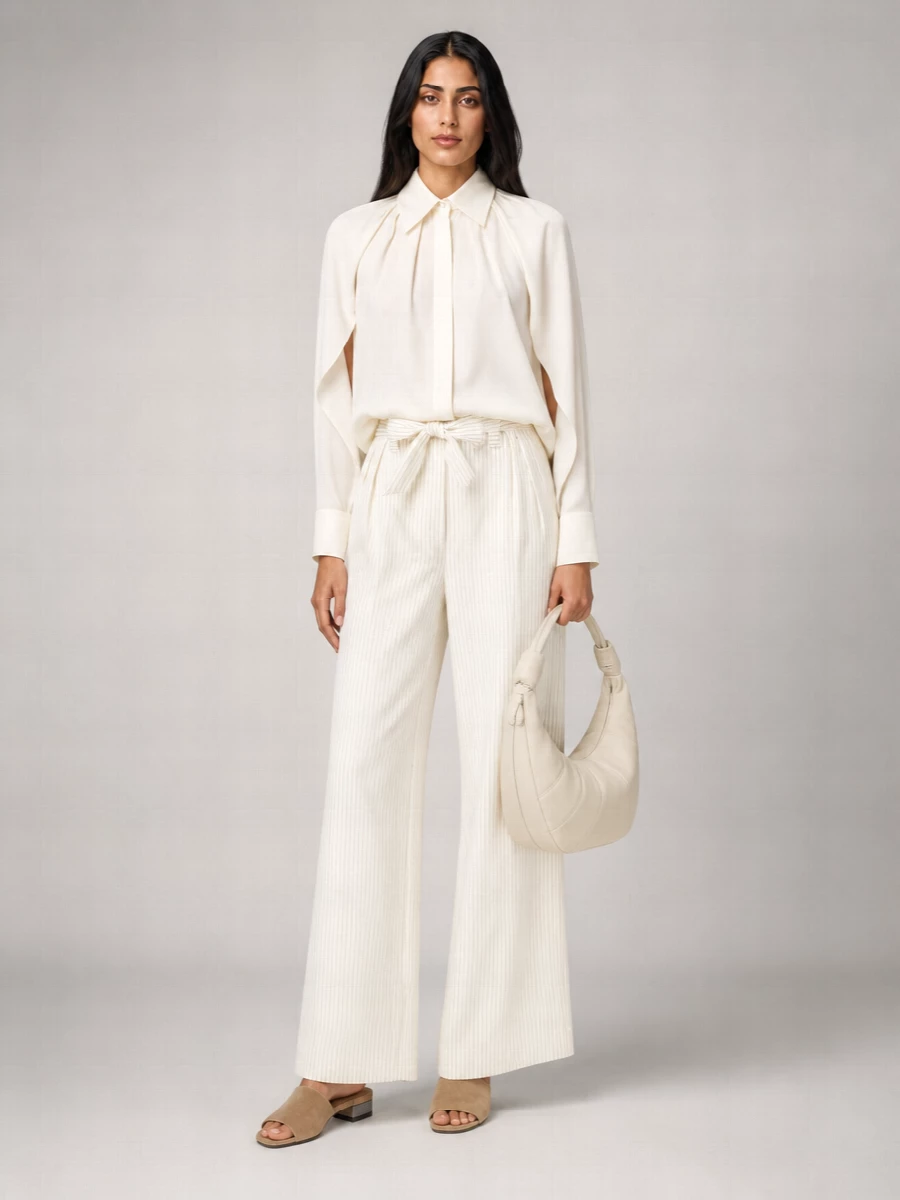 Max Mara Cotton Silk Striped Embroidered Wide-Leg Trousers