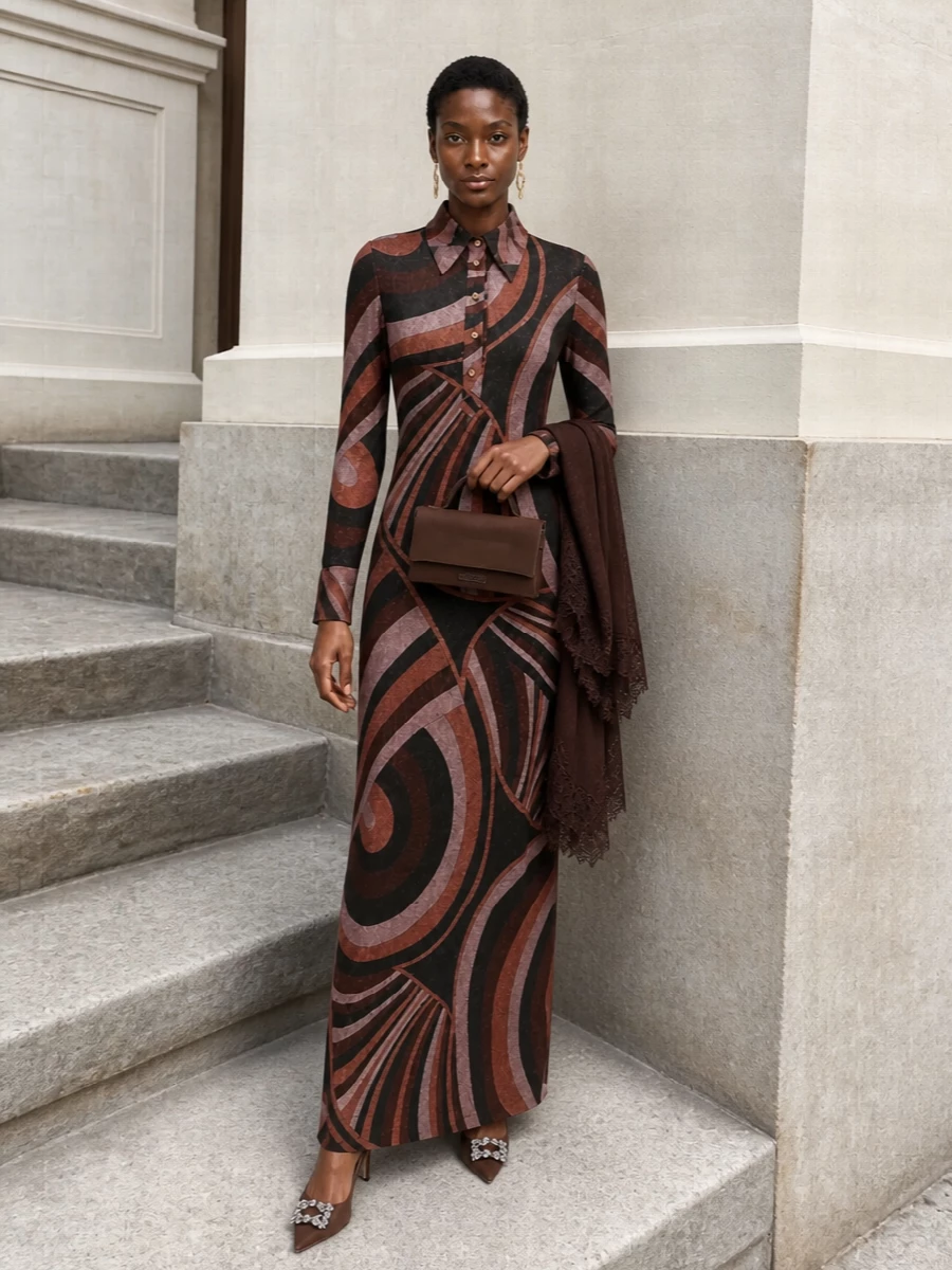 A Pucci maxi like this wants everything around it pared back and intentional, so the accessories stay in a deep chocolate register with just a hint of crystal and gold. Sleek satin pumps and a lean suede clutch keep the line long and refined, while sculptural logo drops bring focus to the face. The result feels sensual yet composed, perfect for autumn city evenings and art-filled dinners where the dress does the talking.