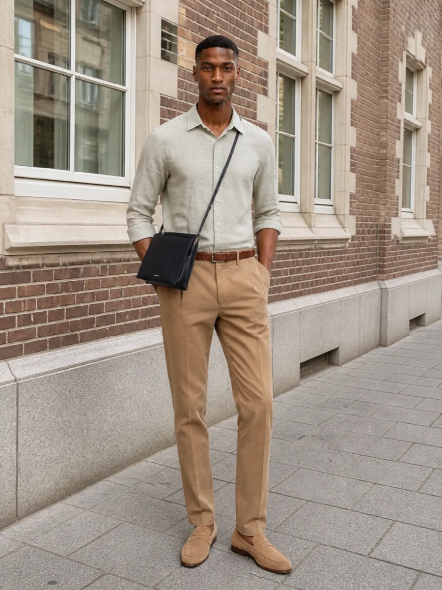 Closed camel chinos woolrich linen shirt outfit