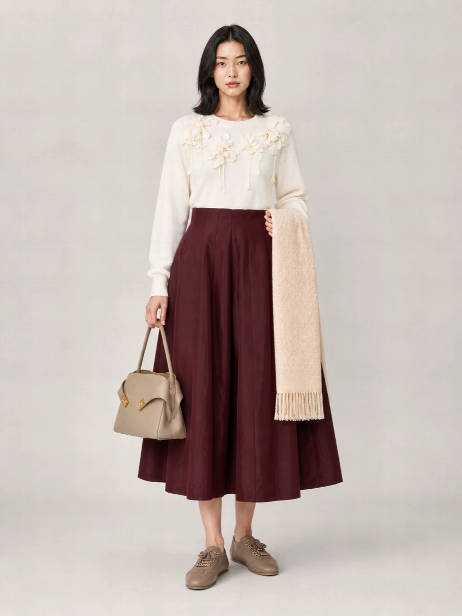 Alberta Ferretti Virgin Wool Floral-Embellished Ribbed Crew-Neck Sweater
