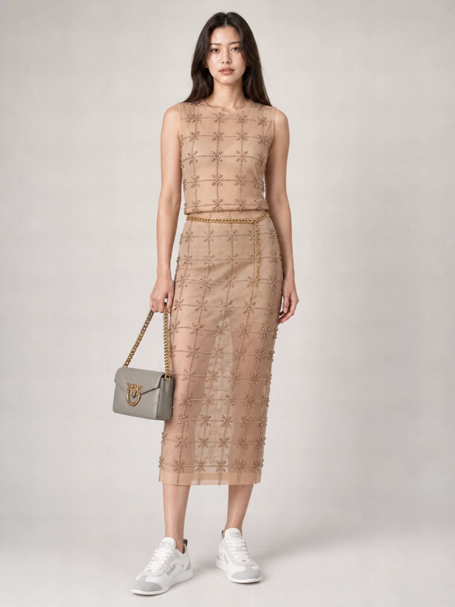 Pinko Crystal Embellished Tulle Sleeveless V-Neck Top