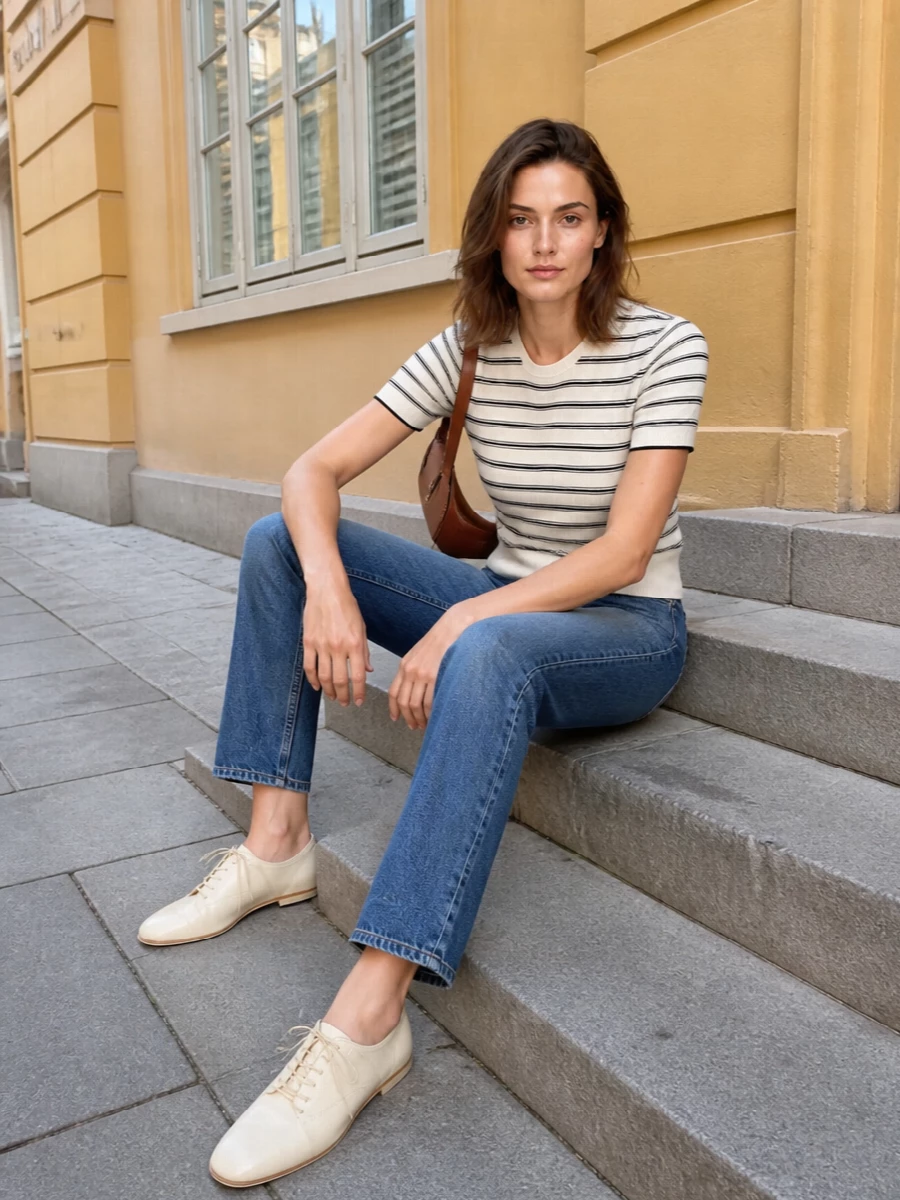 Apc striped knit jeans and flats outfit