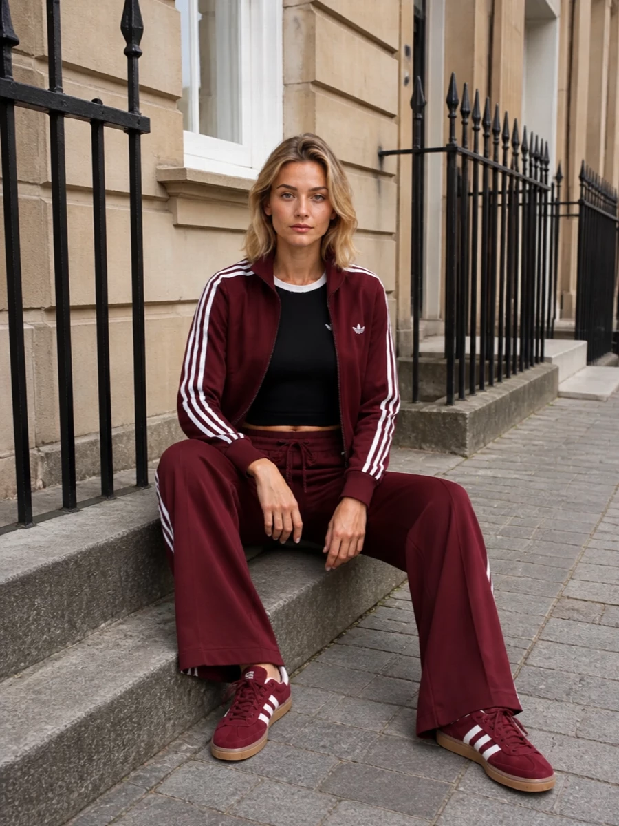 Adidas burgundy track jacket wide leg pants outfit
