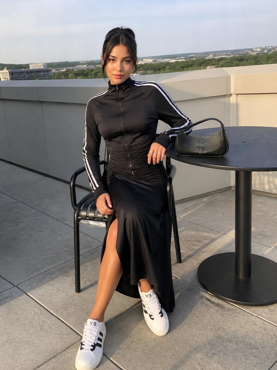Y-3’s track-inspired zip top and wrap skirt build a clean black column that feels athletic, sculpted and quietly directional. The asymmetric drape of the skirt softens the precision of the mock neck, while white Y-3 sneakers and a compact black shoulder bag break the darkness just enough to keep it graphic and city ready.
