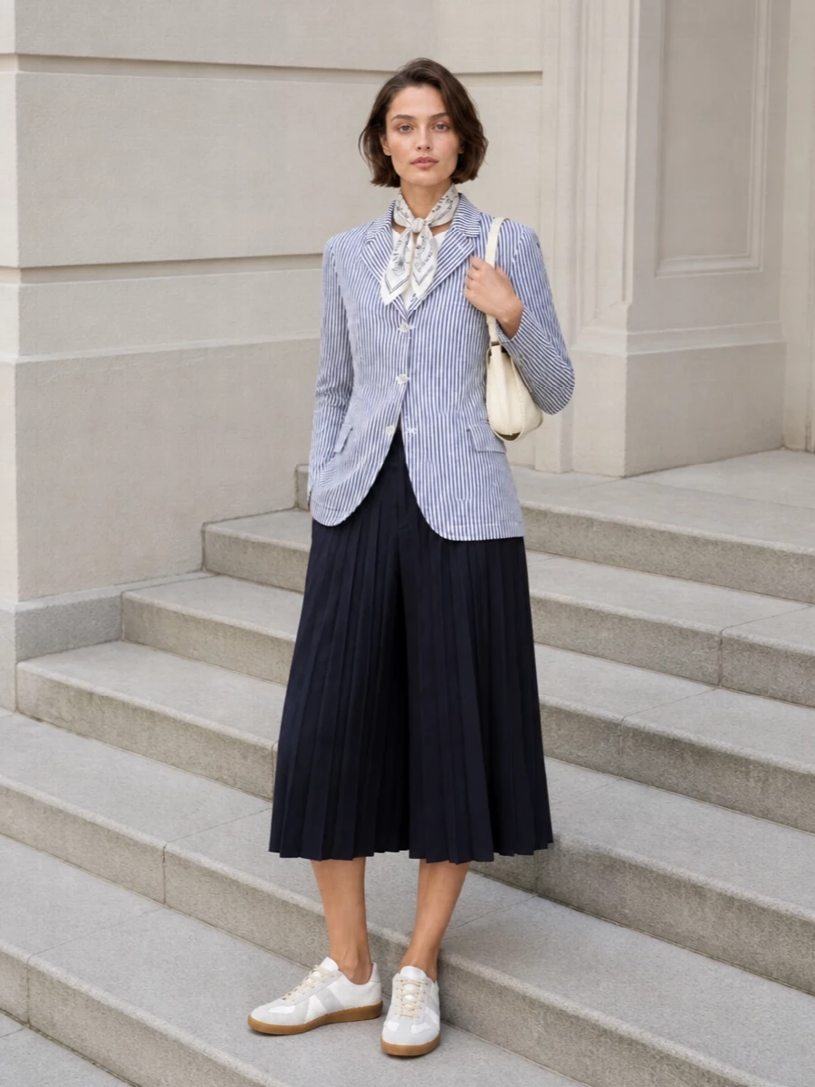 Pinstriped tailoring on top and a sculptural cropped trouser create a precise, almost uniform-like base with a relaxed, intellectual air. Creamy sneakers and a slim buttercream shoulder bag soften the navy, keeping the outfit sharp but easy for long city days. A gauzy monochrome scarf adds a quiet conceptual detail that ties the stripes together without adding bulk.