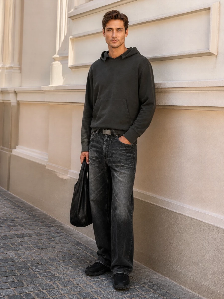 Our legacy charcoal hoodie relaxed grey jeans outfit