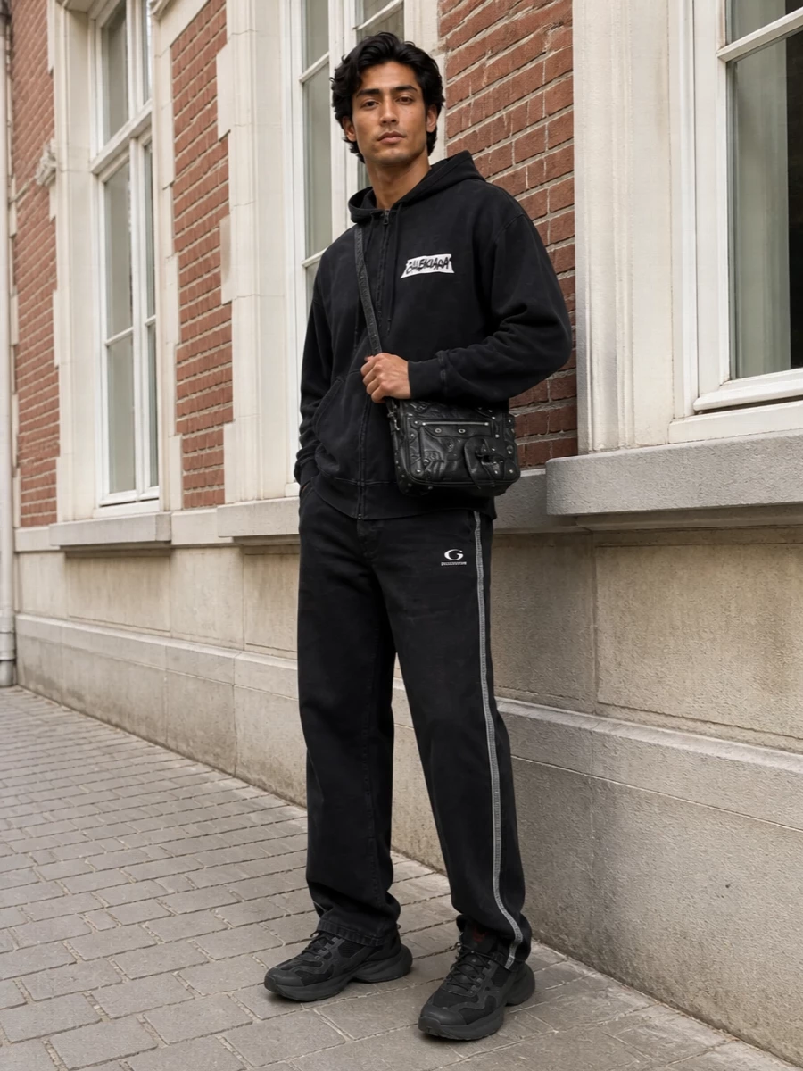 Washed black on washed black keeps this Balenciaga set sharp, with the stripe denim nodding to track pants without losing that grounded, everyday wearability. The chunky black runner and moto crossbody bring structured weight to the lower half, while the small flame sock detail adds just enough attitude when it flashes at the ankle.