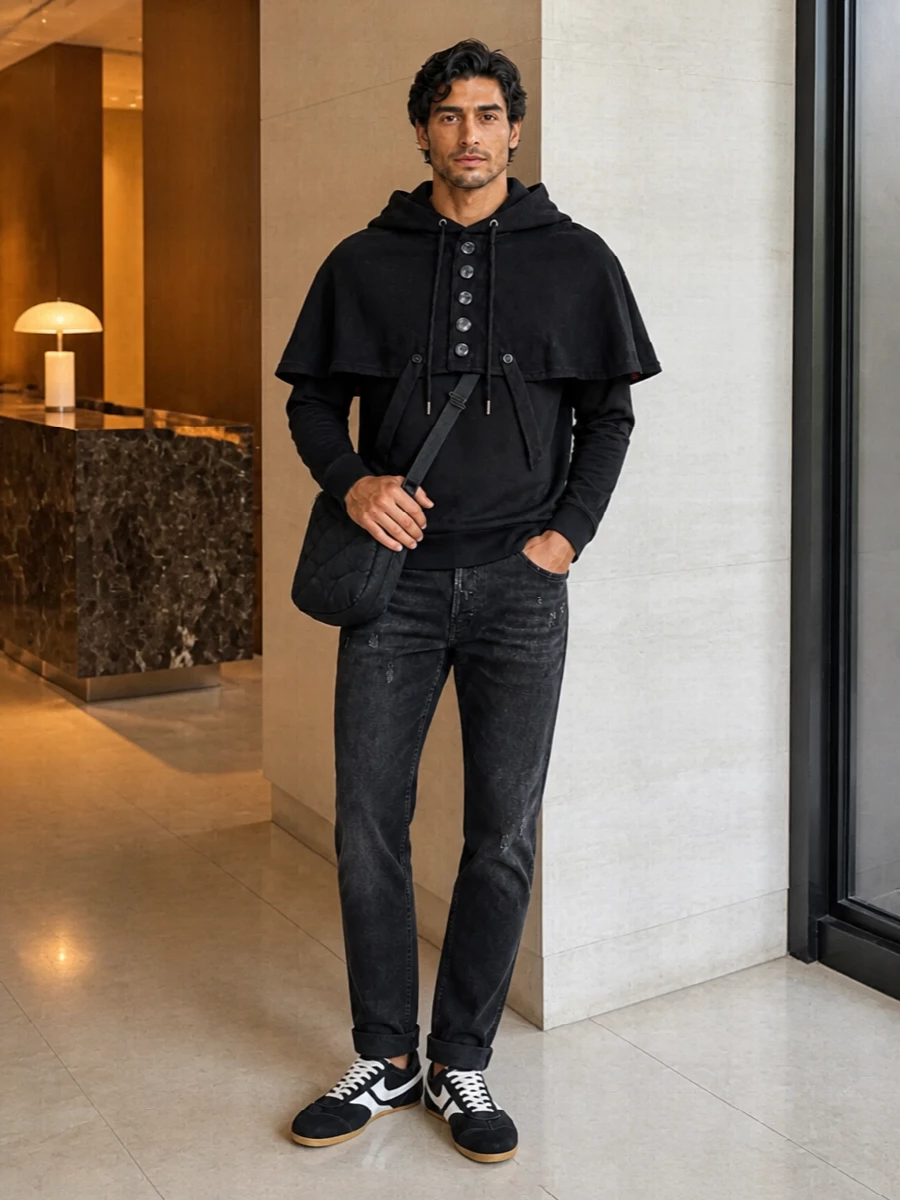 Dries van noten cape black jeans sneakers