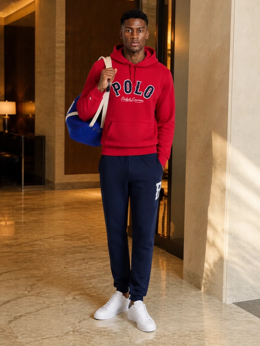 Polo ralph lauren red hoodie navy track pants outfit