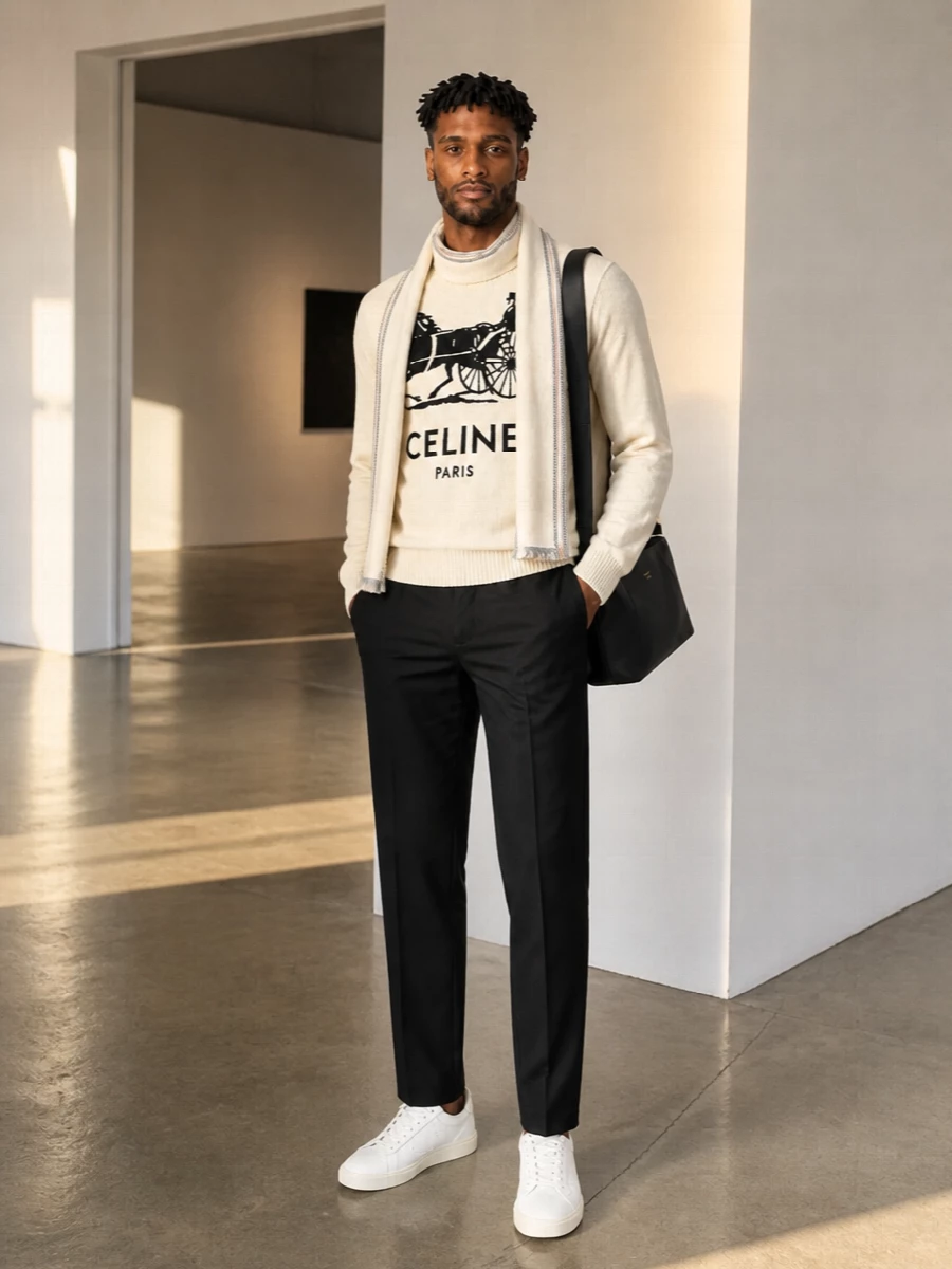 Celine sweater black trousers white sneakers