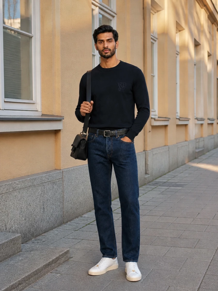 Valentino garavani jeans navy sweater white sneakers